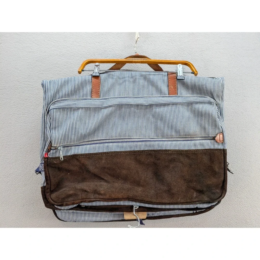 Vintage Hickory Stripe Canvas Suede Garment Travel Luggage Bag Blue White Brown